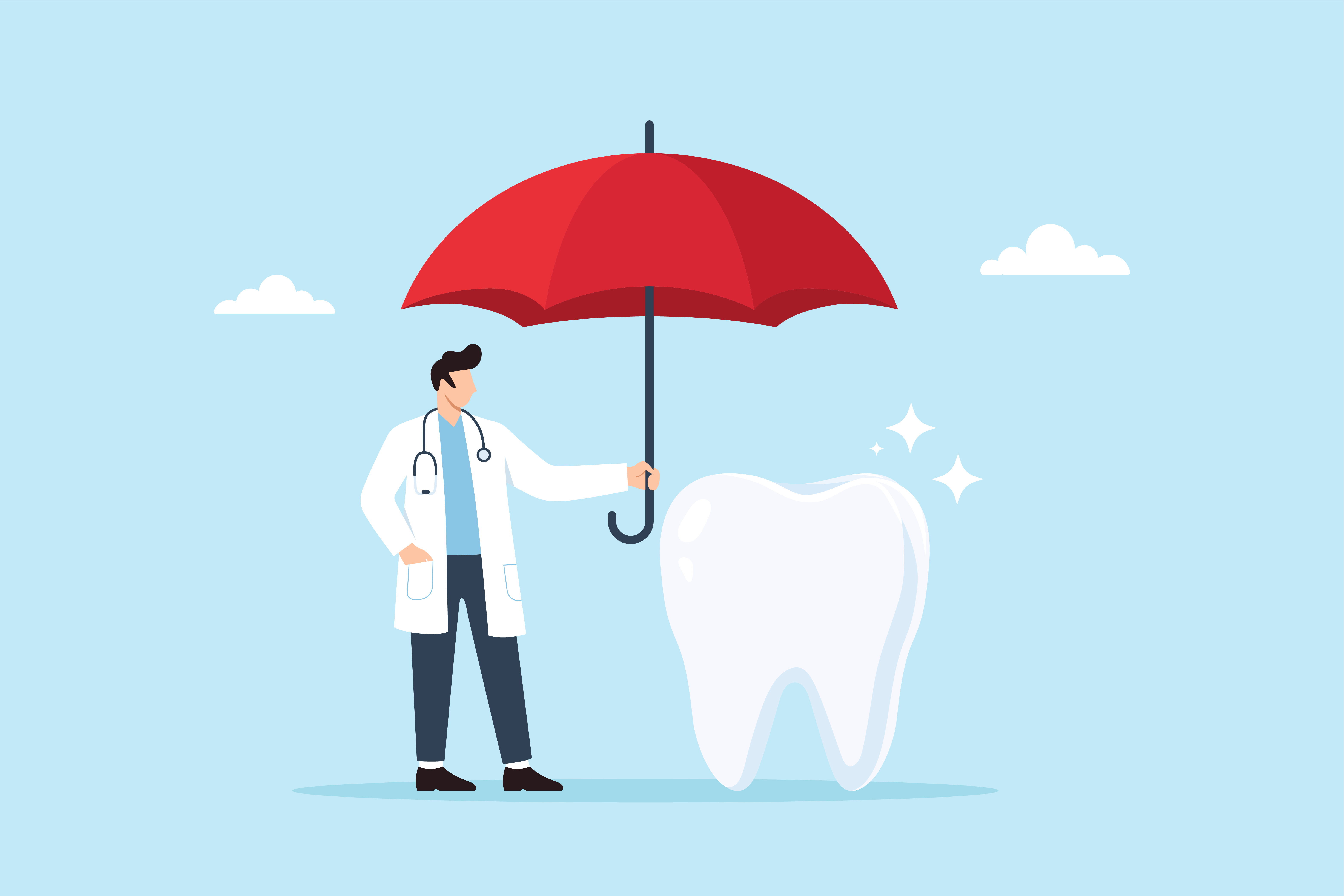 Vector image of health care professional with a drawing of a tooth under an umbrella.